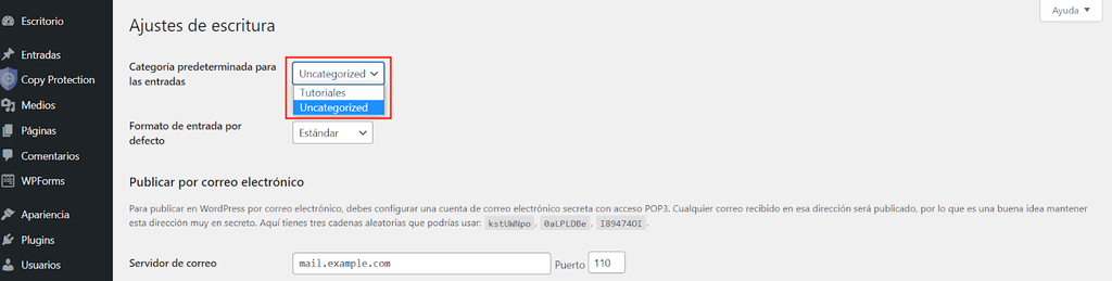 Sección Ajustes de escritura en WordPress