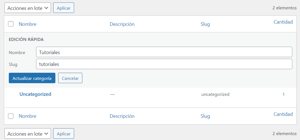 Sección de Actualizar categoría de WordPress