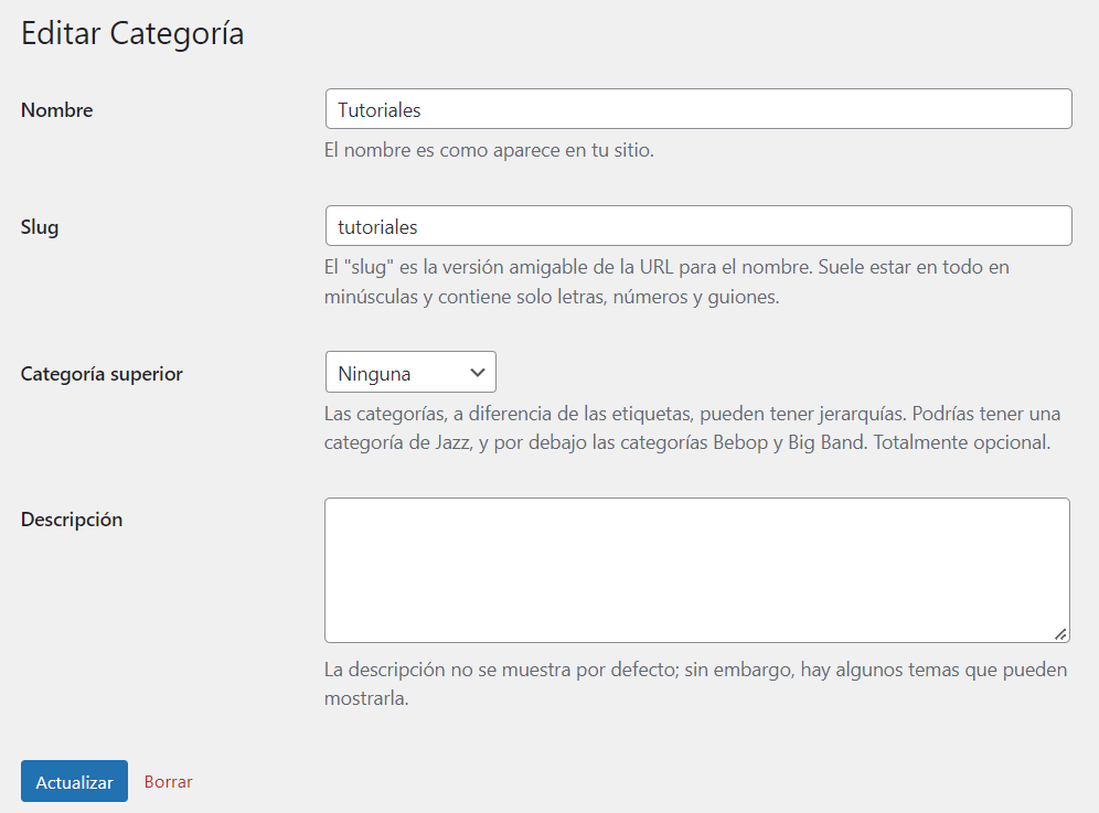 Sección Editar categoría en WordPress