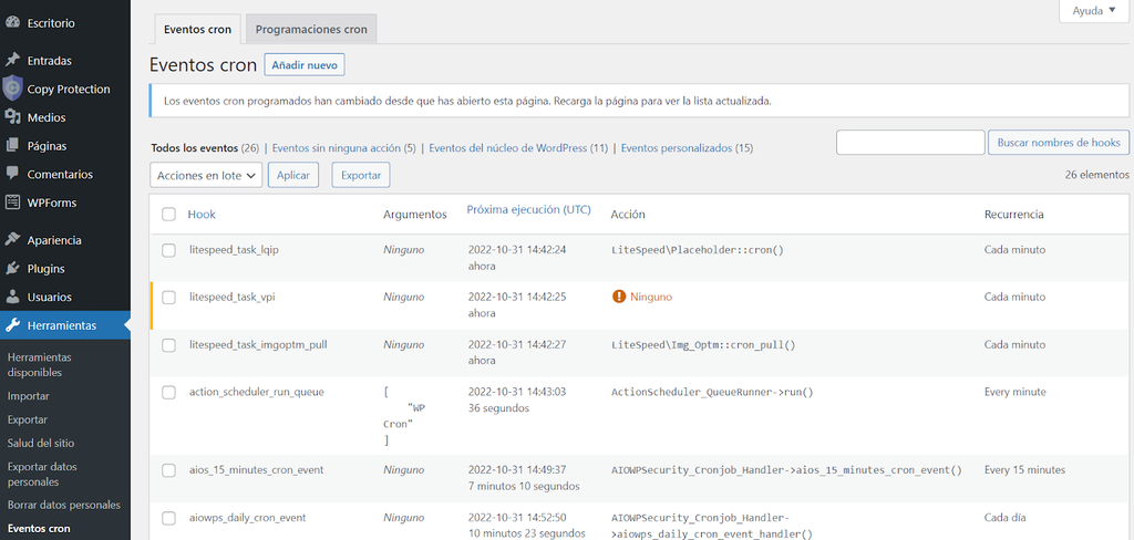 Sección "Eventos cron" en WordPress