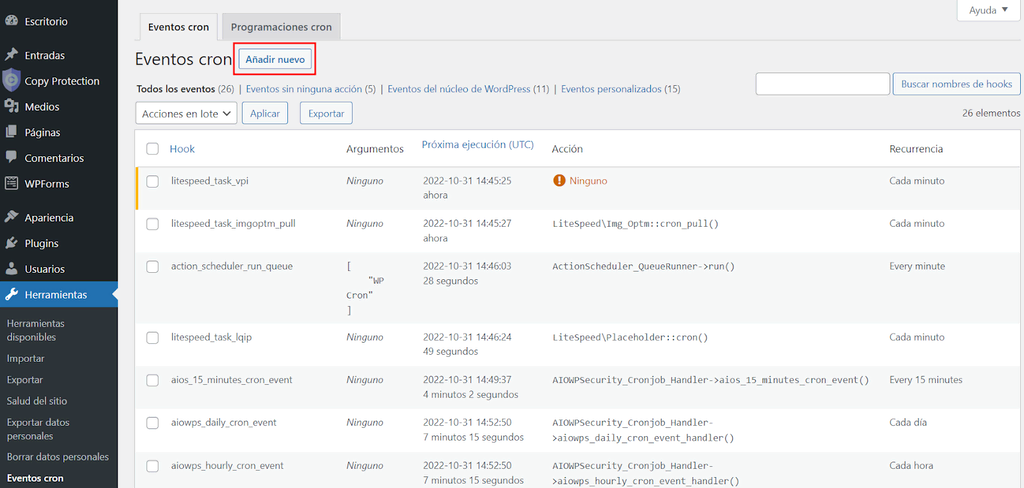 Botón "Añadir nuevo" en la sección Eventos cron en WordPress
