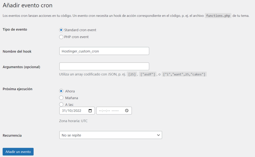 Ventana para Añadir evento cron en WordPress