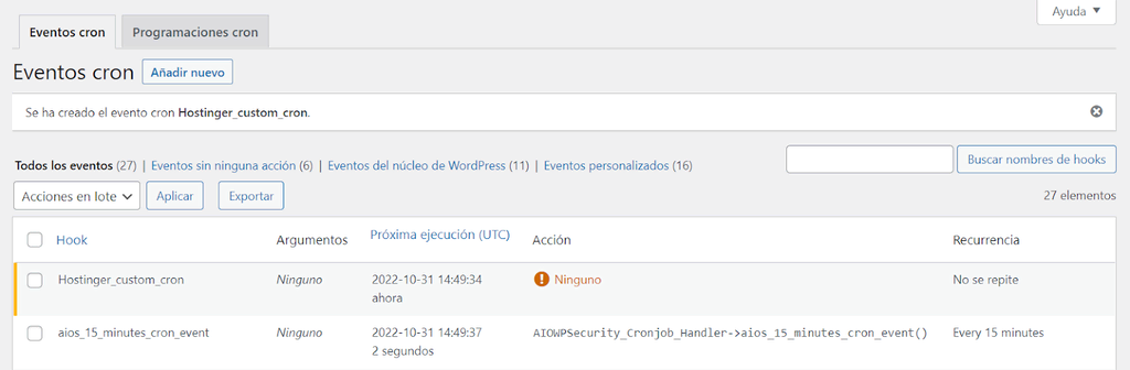 Sección Eventos cron en WordPress