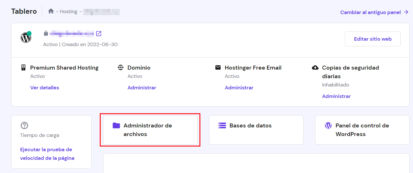 Administrador de archivos del hPanel