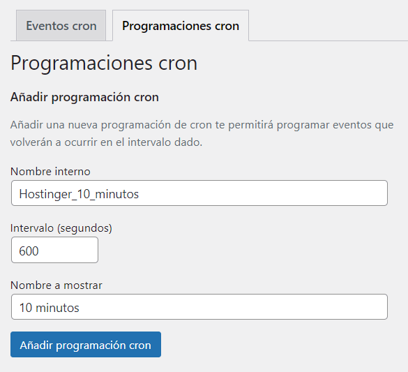 Ventana para Programaciones cron en WordPress