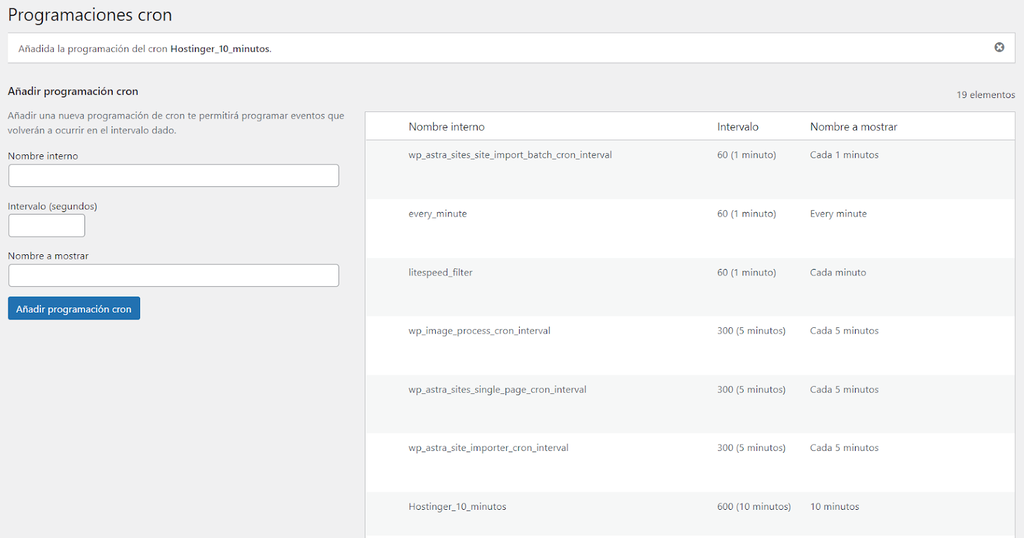 Sección de Programaciones cron de WordPress