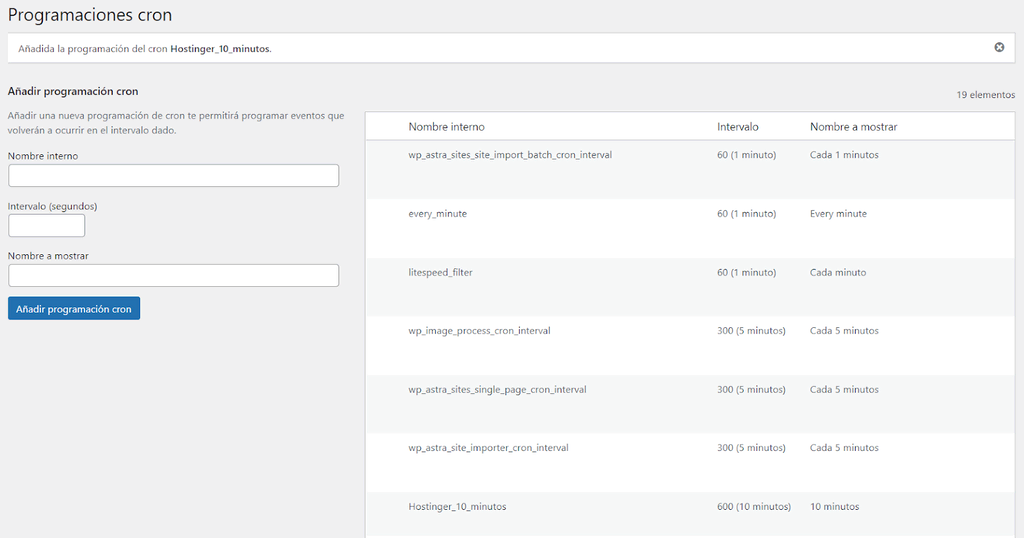 Sección de Programaciones cron de WordPress