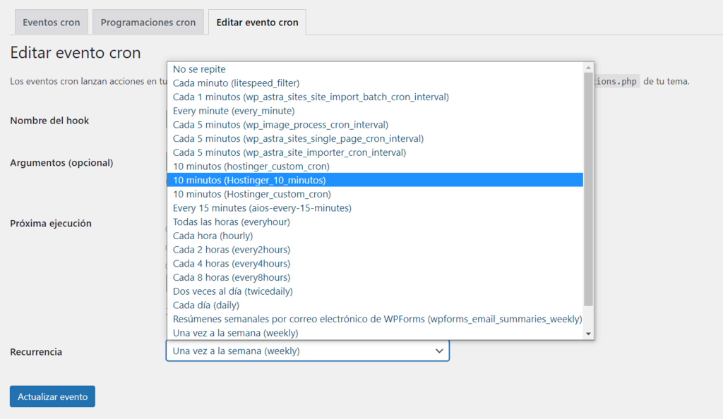 Ventana para Editar evento cron en WordPress