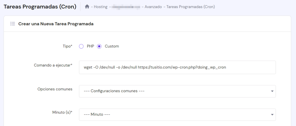 Sección Tareas Programadas (Cron) en hPanel
