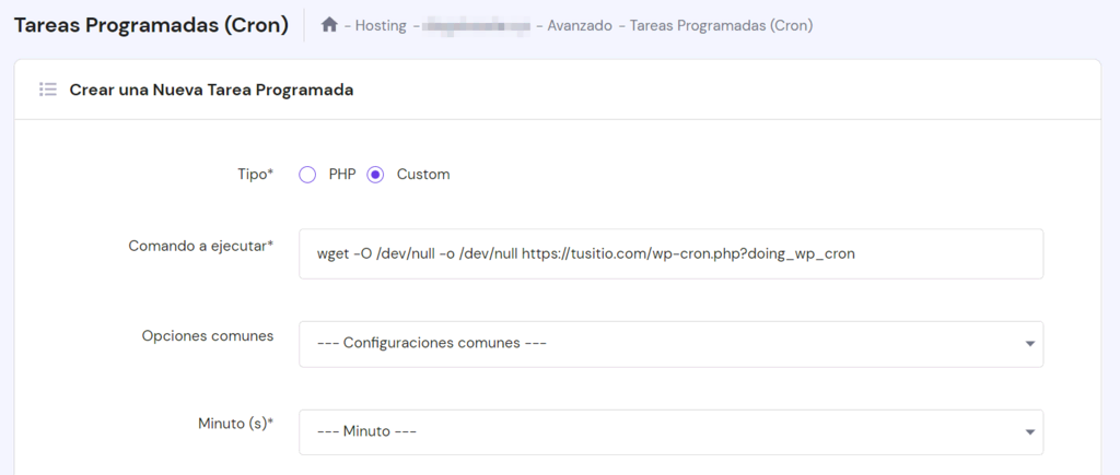 Sección Tareas Programadas (Cron) en hPanel