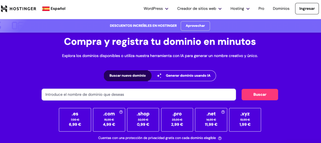 Página de hostinger para comprar extensiones de dominio