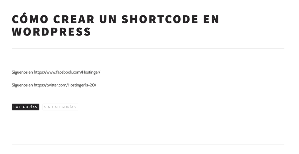 Resulta de uso de shortcodes de enlaces de Twitter y Facebook