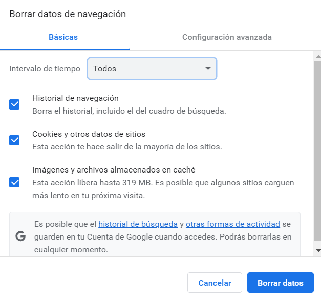 Ventana para Borrar datos de navegación de Chrome