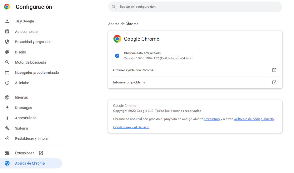 Ventana de Configuración de Chrome