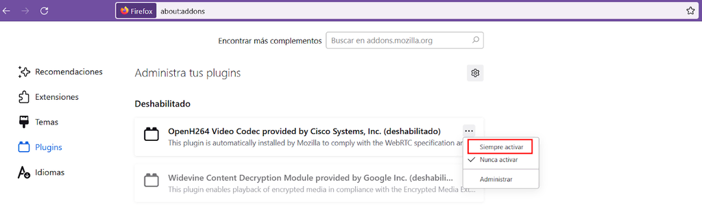 Opción de Activar/Desactivar plugins de Mozilla Firefox