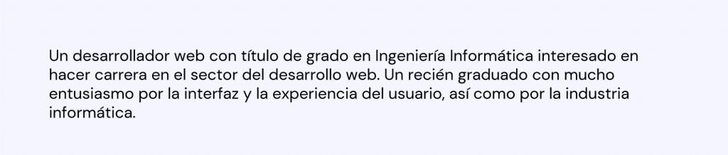 Ejemplo de sección descriptiva del currículum de un desarrollador junior