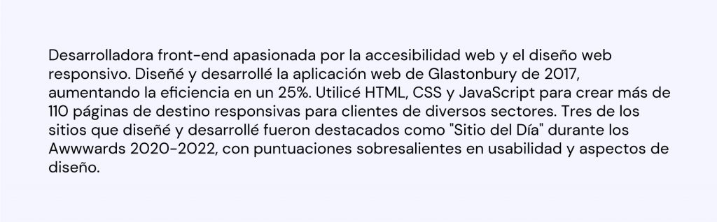 Ejemplo detallado del resumen de currículum de una desarrolladora web