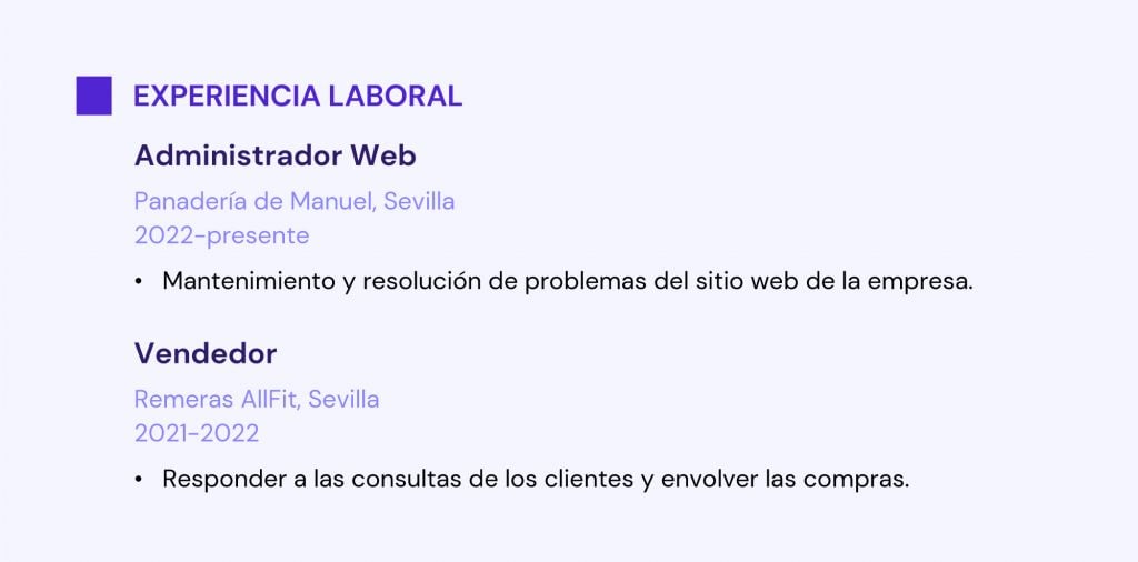 Ejemplo de sección de experiencia laboral