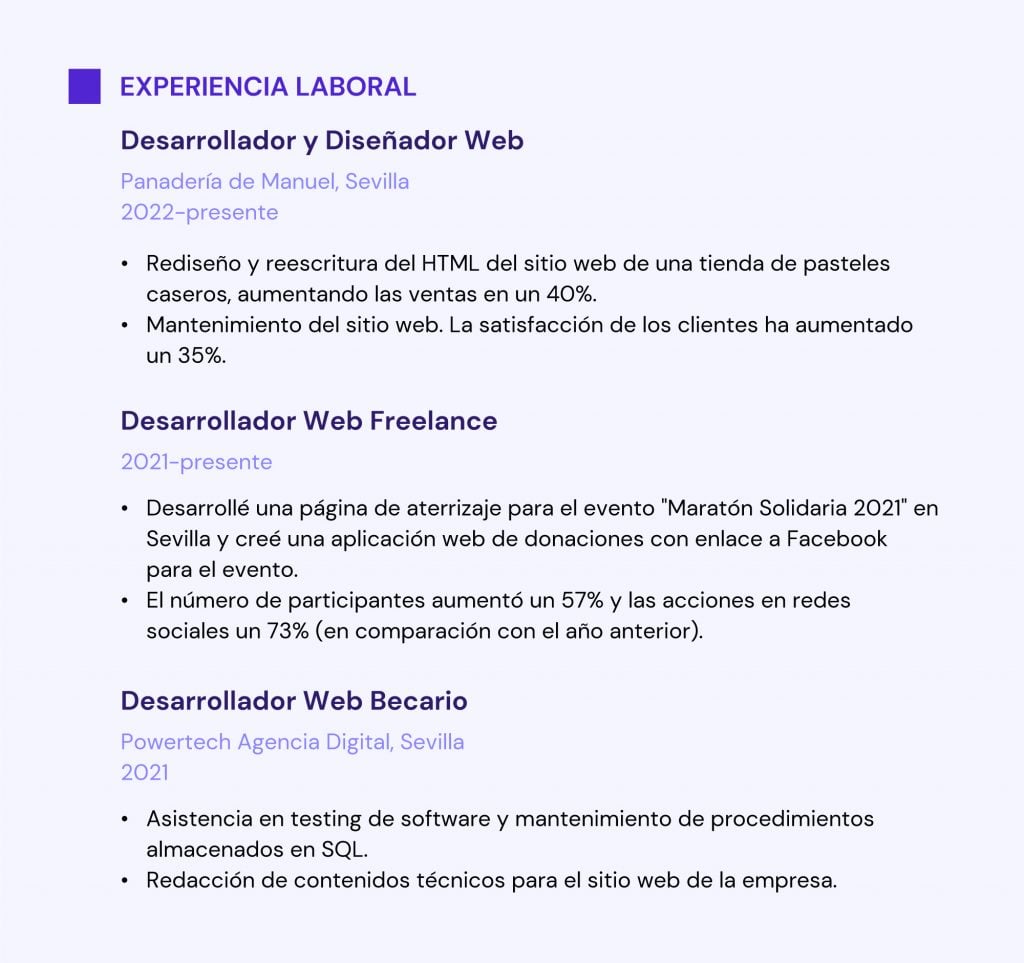 Ejemplo más detallado de experiencia laboral para un currículum de programador