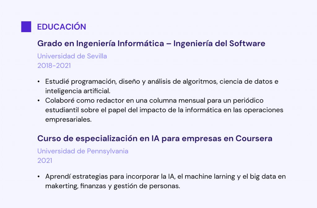 Ejemplo detallado de sección de educación para un currículum de programador