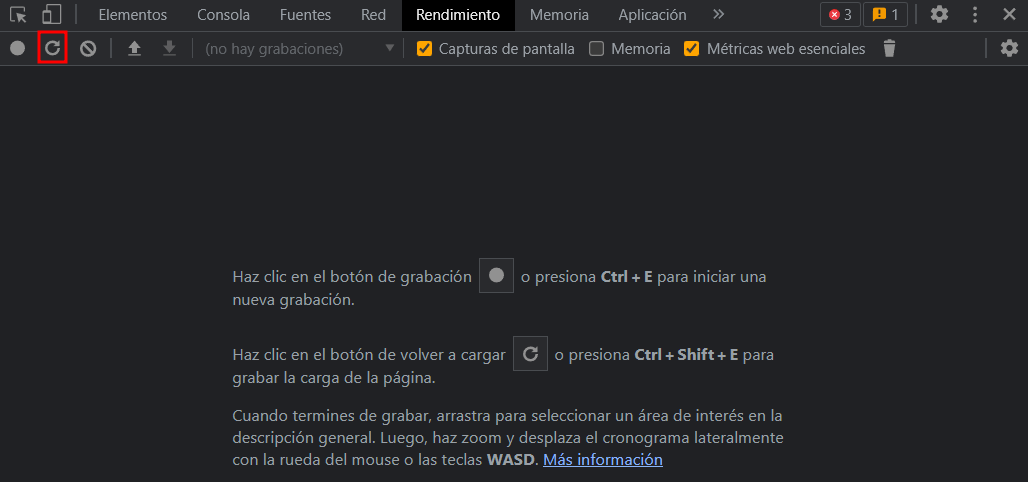 Sección de Rendimiento de lash erramientas del desarrollador de Google Chrome