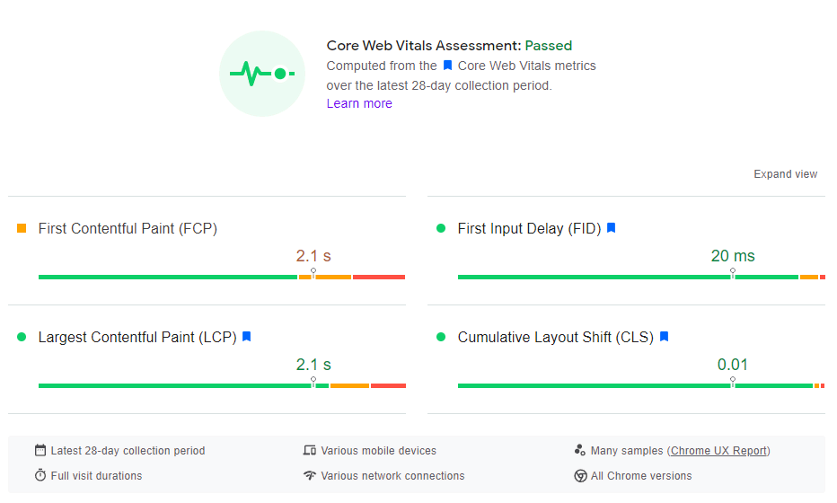 Evaluación general de Core Web Vitals en PageSpeed Insights