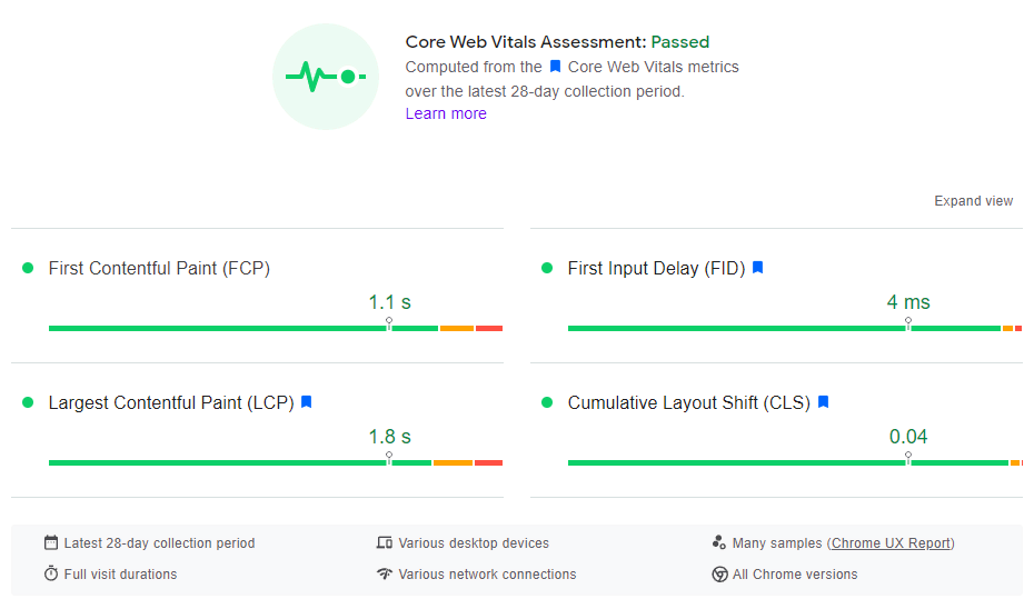 Evaluación general de Core Web Vitals en PageSpeed Insights