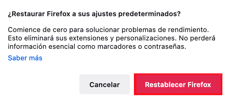 Aviso de confirmación para restablecer Firefox.