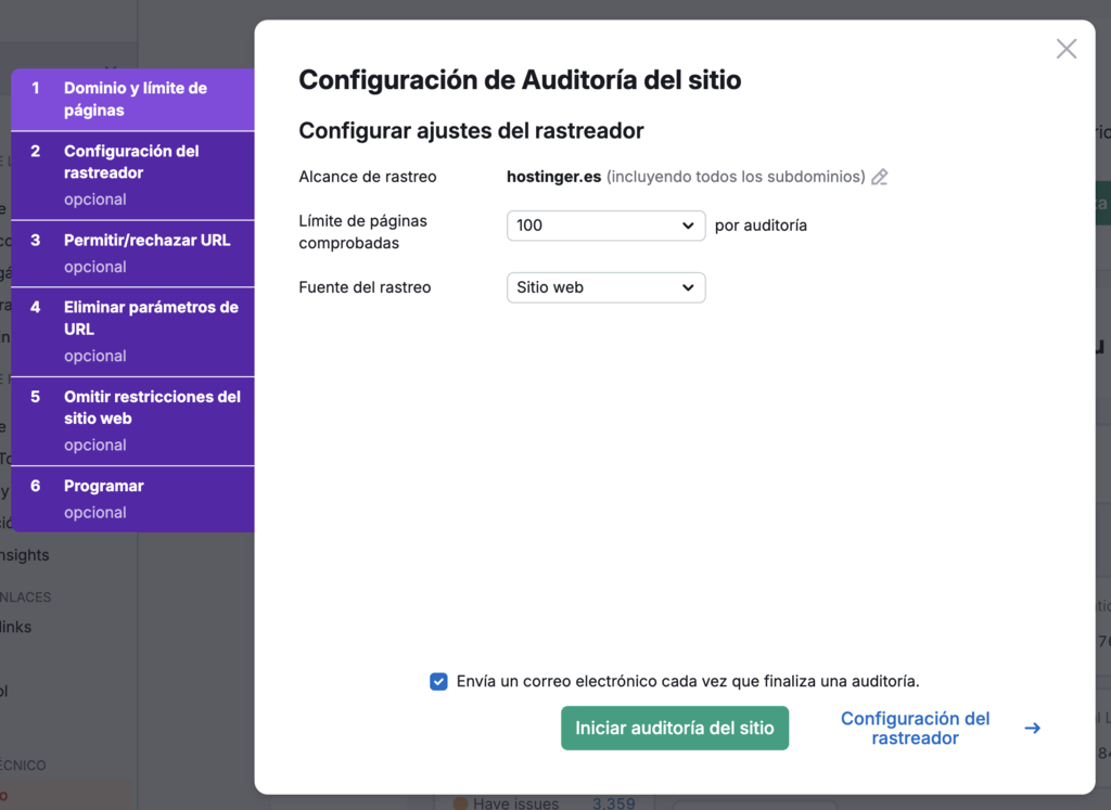 Ajustes de Auditoría del sitio web de Semrush