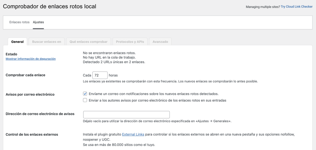 Ajustes generales del Comprobador de enlaces rotos