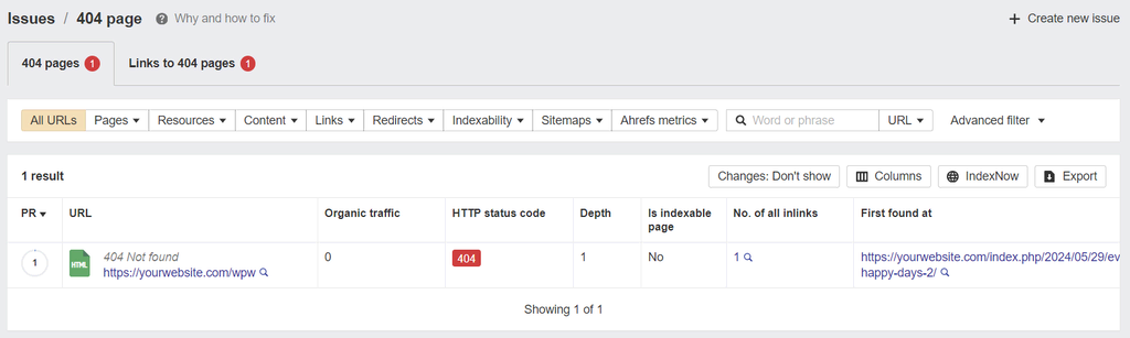 Sección de enlaces 404 en Ahrefs