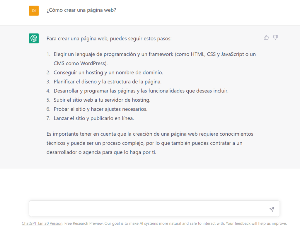 Ejemplo de pregunta en ChatGTP