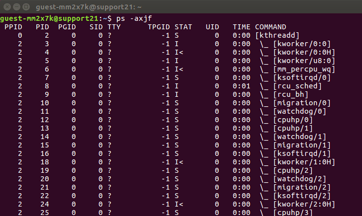 Procesos en ejecución en el comando ps en Linux