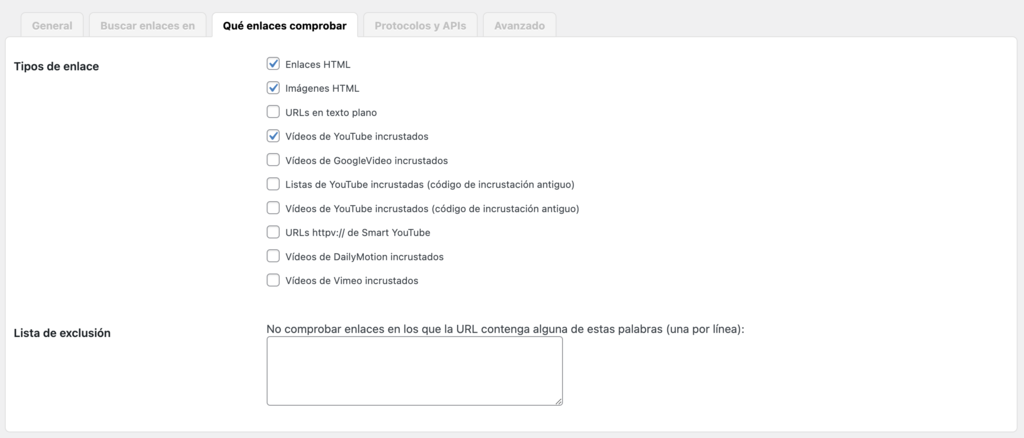 Sección de Qué enlaces comprobar en el Comprobador de enlaces rotos