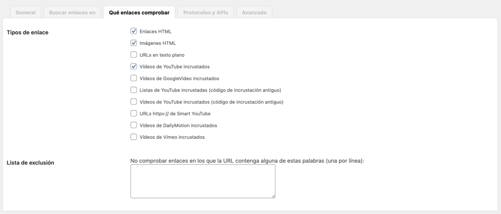 Sección de Qué enlaces comprobar en el Comprobador de enlaces rotos