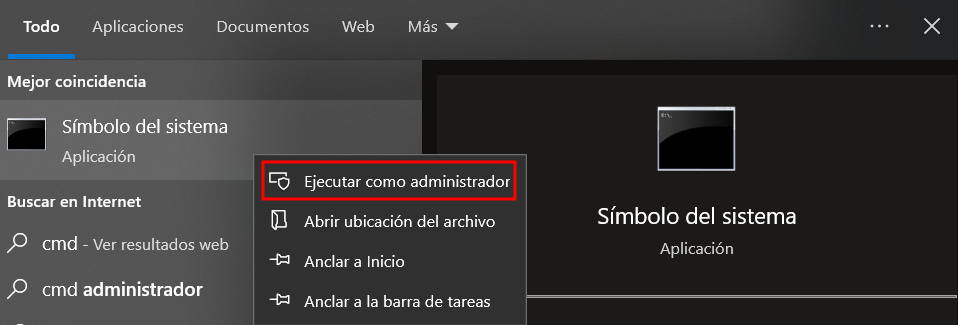 Visualización del icono de Símbolo del sistema en Windows