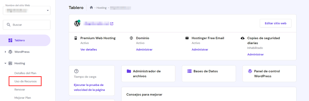 Pestaña Uso de Recursos de hPanel