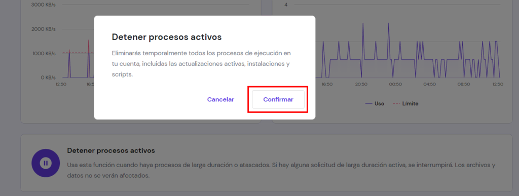 Ventana para Detener procesos activos en hPanel