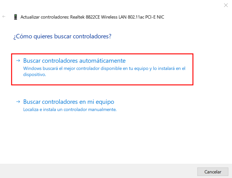 Imagen de la opción Buscar controladores automáticamente