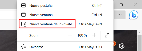 Imagen que muestra cómo abrir una Nueva ventana InPrivate en Microsoft Edge