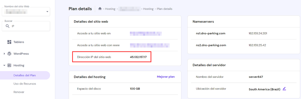 Ubicación de la Dirección IP en hPanel