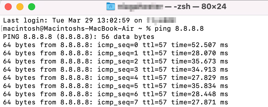 Haciendo ping en Terminal de macOS