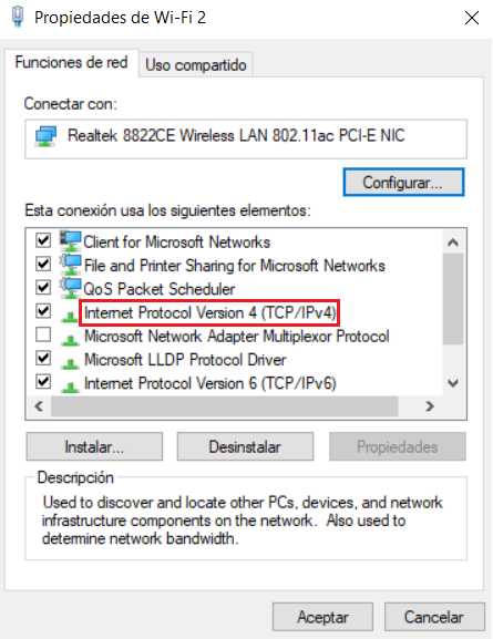 Opción Internet Protocol Version 4 en las Propiedades de la red