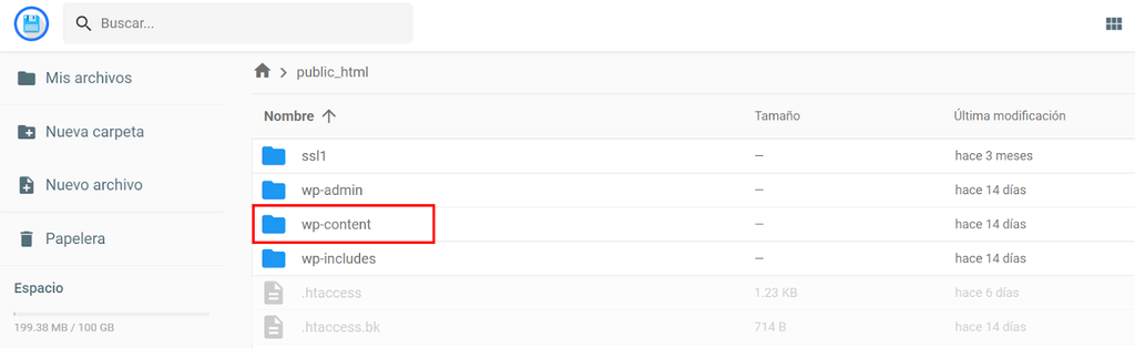 Carpeta wp-content del administrador de archivos de Hostinger