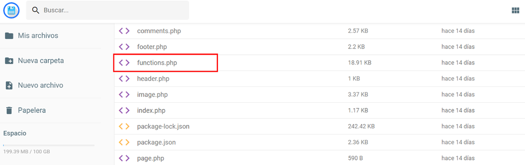 Archivo functions.php de la carpeta de tema del administrador de archivos de Hostinger