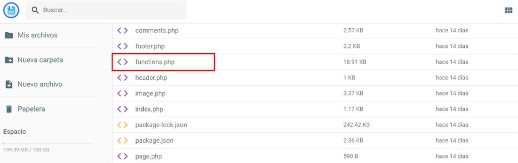 Archivo functions.php de la carpeta de tema del administrador de archivos de Hostinger