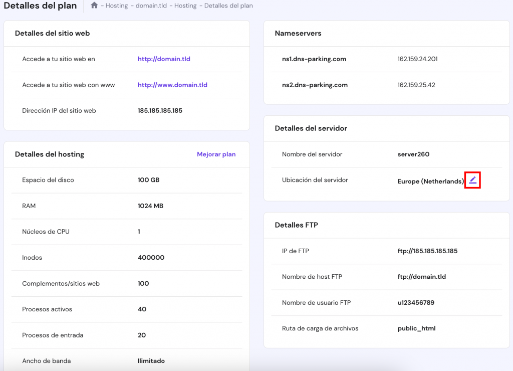 La página de detalles del Plan en hPanel