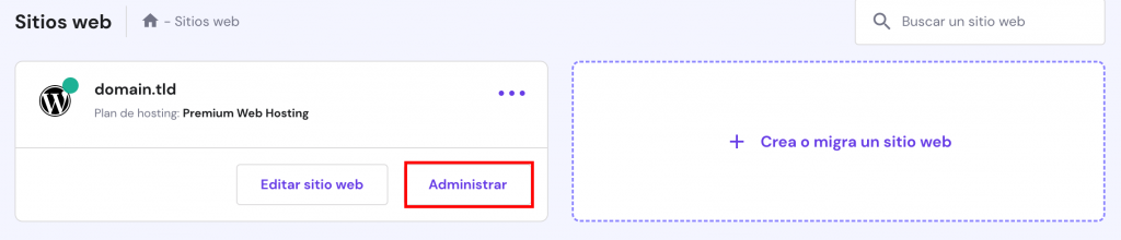 La página de Sitios Web en hPanel. El botón Administrar está resaltado