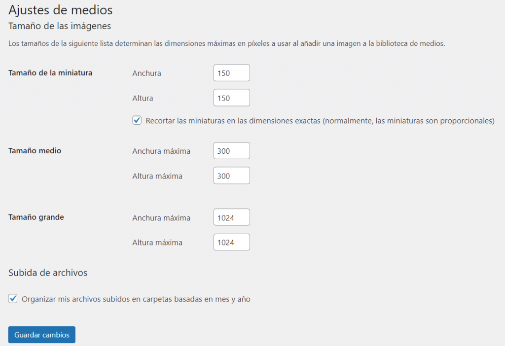 Sección Ajustes de medios en WordPress