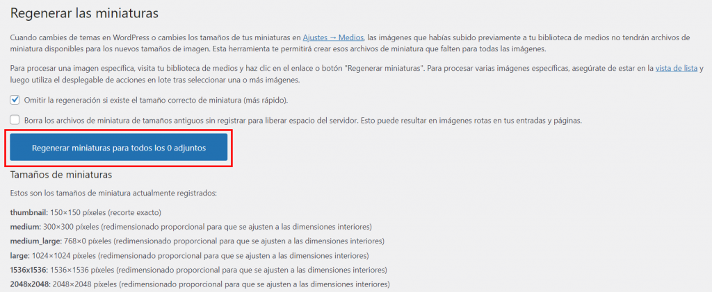 Función Regenerar las miniaturas en WordPress